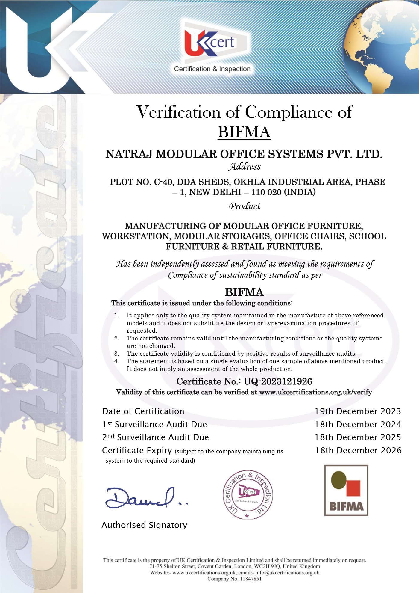 BIFMA certificate — Natraj Modular Office Systems