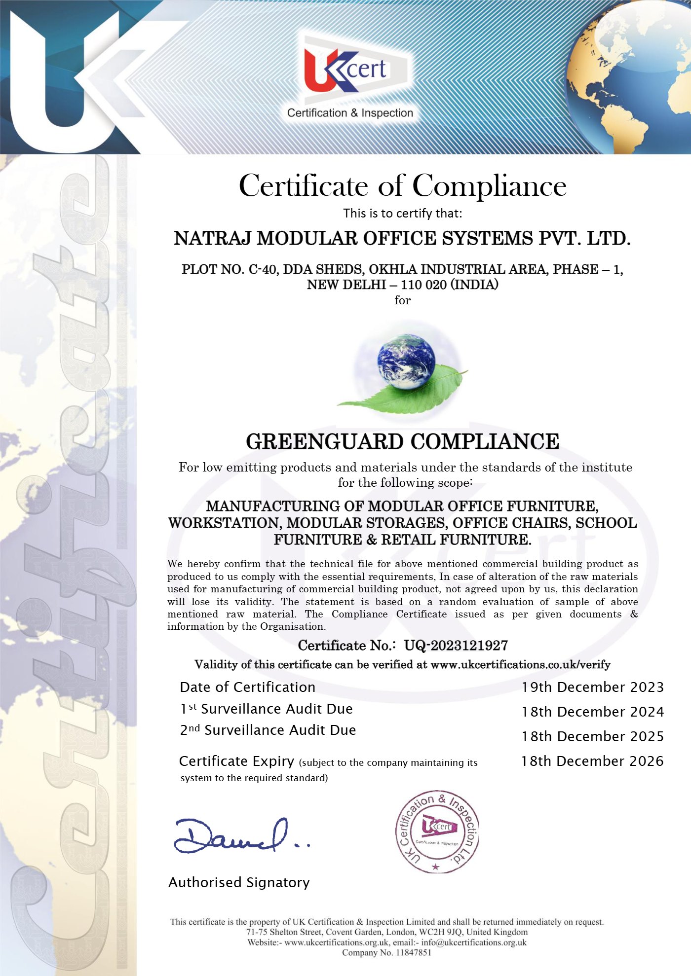 GREENGUARD certificate — Natraj Modular Office Systems