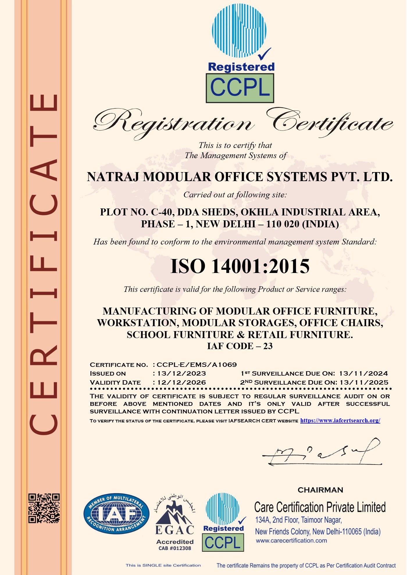 ISO 14001:2015 certificate — Natraj Modular Office Systems